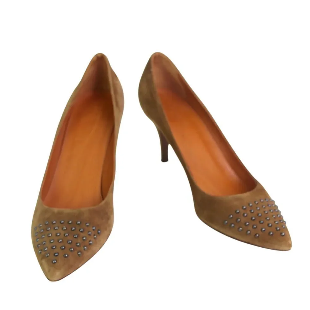 J. CREW OLIVE GENUINE LEATHER SUEDE MID HEEL POINTED CLASSIC PUMP SHOES Sz 8 1/2